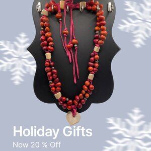 Statement Necklace Red Beads White Heart Pendant Leather 23